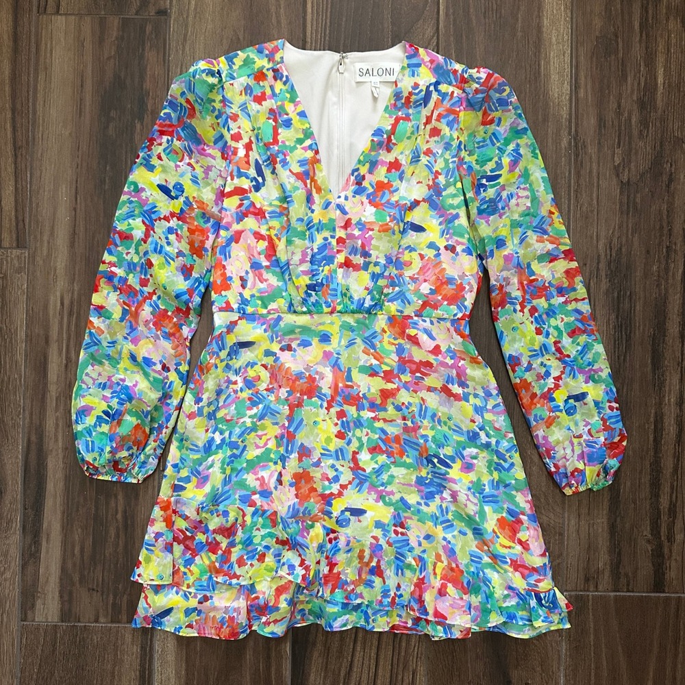 Saloni Silk Abstract Print V-Neck Ruffle Mini Dress Multicolor Size 10